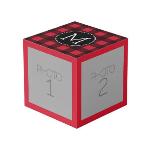 Rustic Red & Black Buffalo Plaid Pattern Monogram Cube