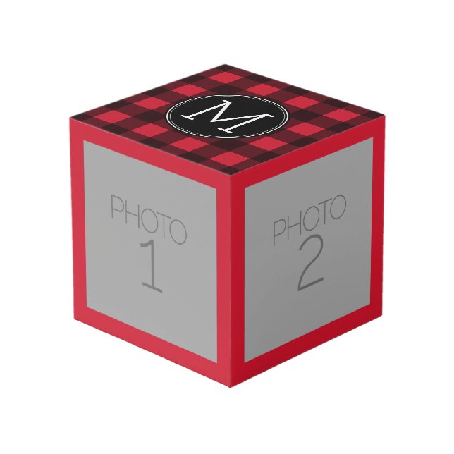 Rustic Red & Black Buffalo Plaid Pattern Monogram Cube (Front Angled)
