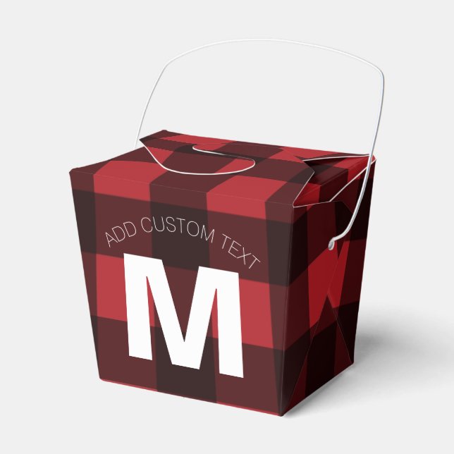 Rustic Red & Black Buffalo Plaid Pattern Monogram Favor Box (Front Side)