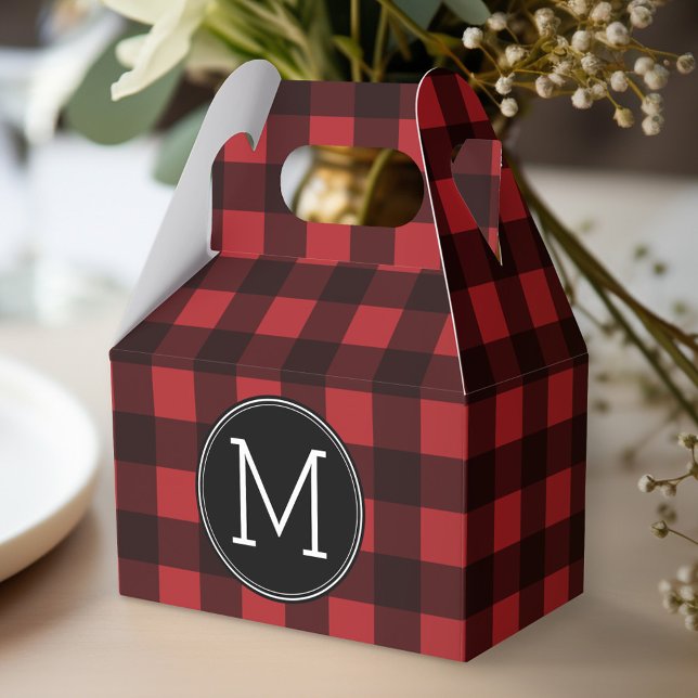 Rustic Red & Black Buffalo Plaid Pattern Monogram Favor Box (Personalized favor box - monogram buffalo plaid)