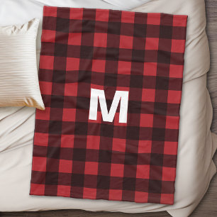 Rustic Red & Black Buffalo Plaid Pattern Monogram Fleece Blanket