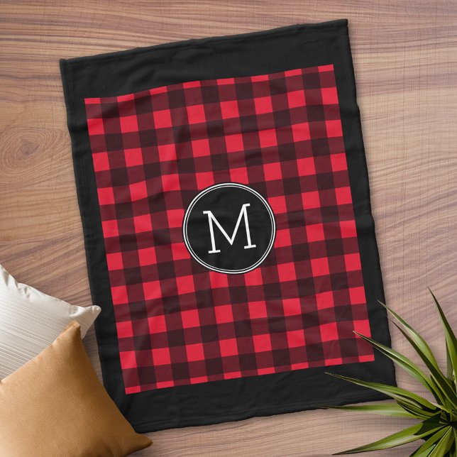 Rustic Red Black Buffalo Plaid Pattern Monogram Fleece Blanket (Personalized Fleece Blanket)