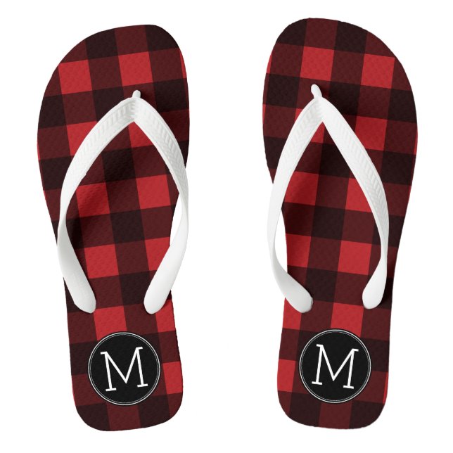 Rustic Red & Black Buffalo Plaid Pattern Monogram Flip Flops (Footbed)