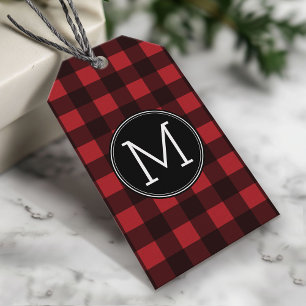 Rustic Red & Black Buffalo Plaid Pattern Monogram Gift Tags