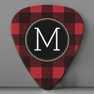 Rustic Red & Black Buffalo Plaid Pattern Monogram Guitar Pick