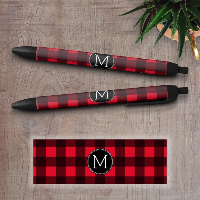 Rustic Red & Black Buffalo Plaid Pattern Monogram Ink Pen (Custom Pen - Personalize this writing pen with you name, monogram or other text)