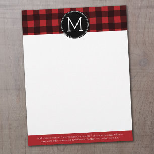 Rustic Red & Black Buffalo Plaid Pattern Monogram Letterhead
