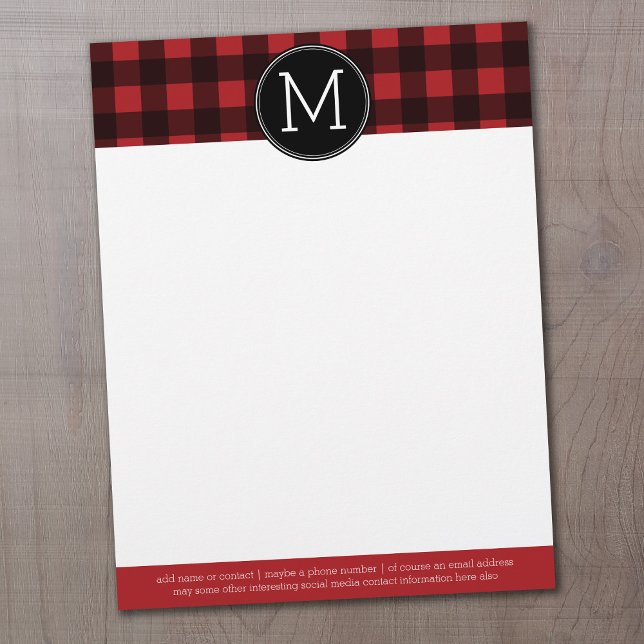 Rustic Red & Black Buffalo Plaid Pattern Monogram Letterhead (Creator Uploaded)