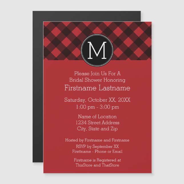 Rustic Red & Black Buffalo Plaid Pattern Monogram Magnetic Invitation (Front/Back)