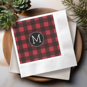 Rustic Red & Black Buffalo Plaid Pattern Monogram Napkin