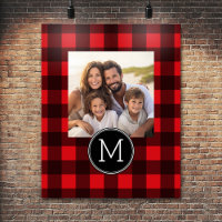 Rustic Red & Black Buffalo Plaid Pattern Monogram