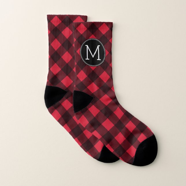 Rustic Red & Black Buffalo Plaid Pattern Monogram Socks (Pair)