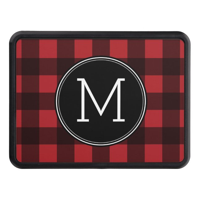 Rustic Red & Black Buffalo Plaid Pattern Monogram Trailer Hitch Cover (Front)