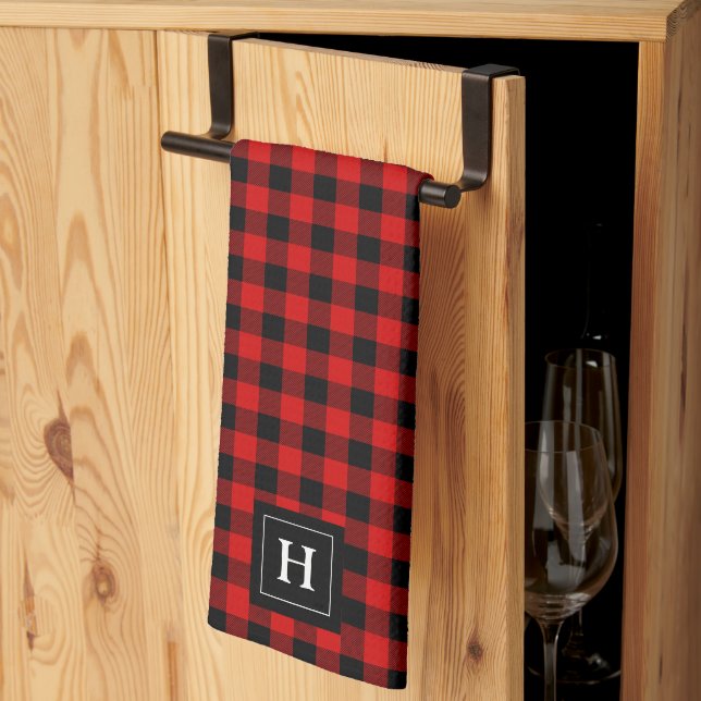 Rustic Red Black Buffalo Plaid Pattern Monogrammed Kitchen Towel (Thirds Fold)