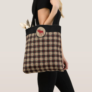 Rustic Red Black Buffalo Plaid Pattern Moose Tote Bag