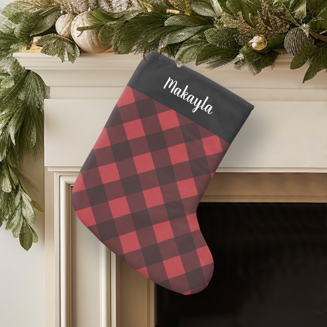 Rustic Red & Black Buffalo Plaid Pattern Script Small Christmas Stocking (Personalized Christmas Stocking)