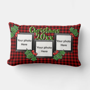 Rustic red black buffalo plaid personalize photo  lumbar pillow