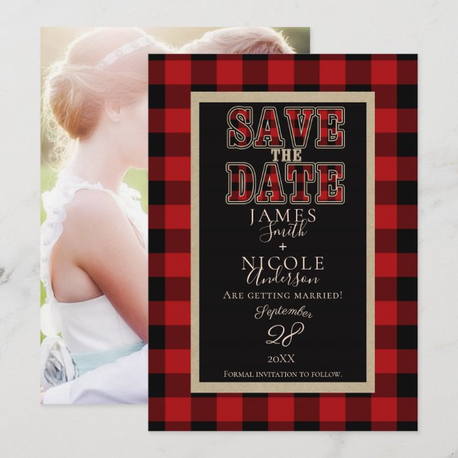 Rustic Red Black Buffalo Plaid Photo Save the Date Invitation (Front/Back)