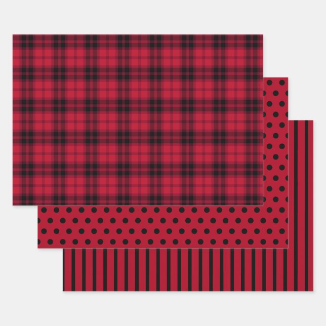 Rustic Red Black Buffalo Plaid Polka Dots Stripes Wrapping Paper Sheet (Set)