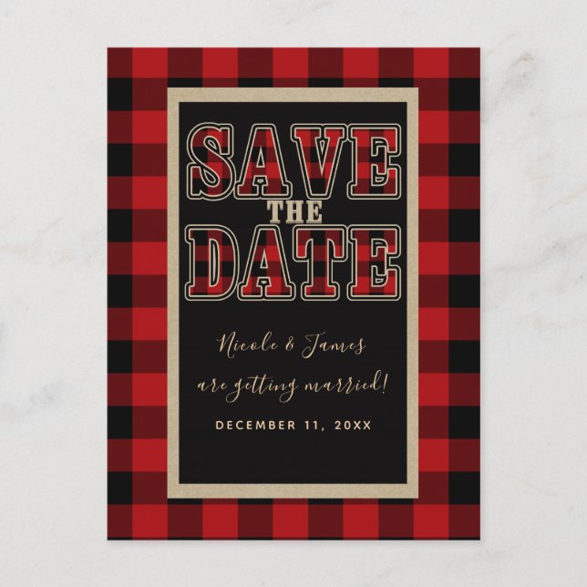 Rustic Red Black Buffalo Plaid Save the Date Announcement Postcard (Front)
