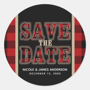 Rustic Red Black Buffalo Plaid Save the Date Classic Round Sticker