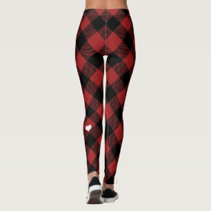 Rustic Red Black Buffalo Plaid White Heart Leggings