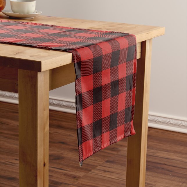 Rustic Red & Black Flannel Plaid Pattern Short Table Runner (In Situ)