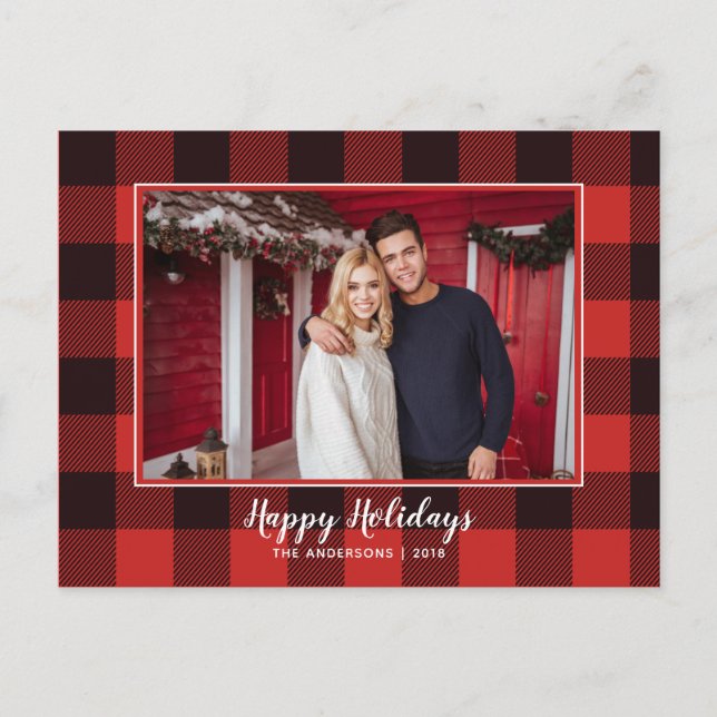 Rustic Red & Black Gingham Flannel Christmas Tree Announcement Postcard (Front)