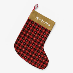 Rustic Red, Black Gold Lumberjack Plaid - Name Small Christmas Stocking