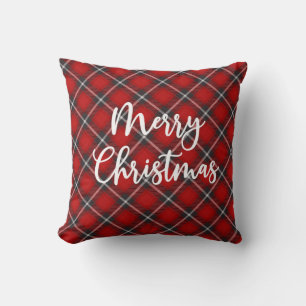 Rustic Red Black Merry Christmas Plaid Throw Pillow