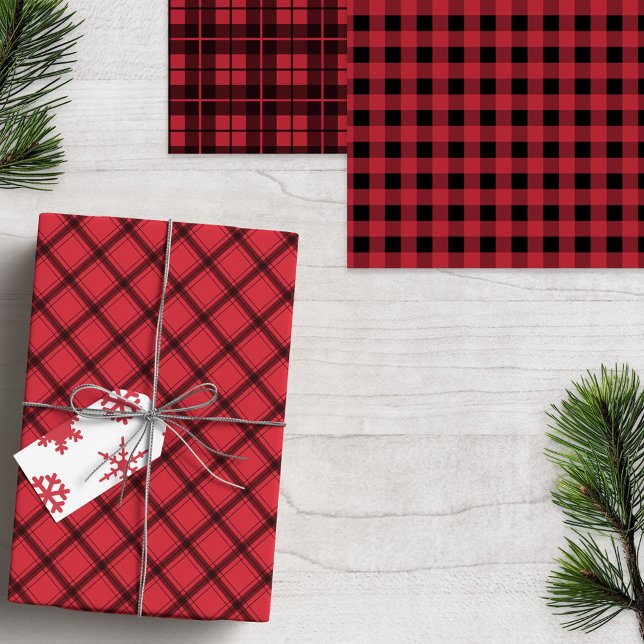 Rustic Red Black Plaid Buffalo Check Mixed Pattern Wrapping Paper Sheet (Creator Uploaded)