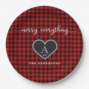 Rustic Red Black Plaid Christmas Quote Monogram Paper Plate