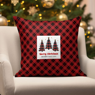 Rustic Red Black Plaid Family Name Xmas Pillow