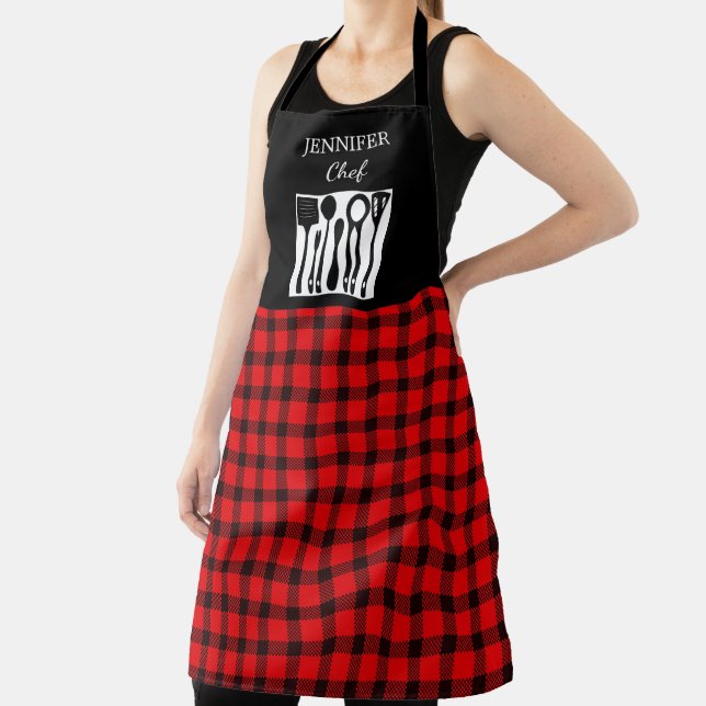 Rustic red black plaid monogram name kitchen apron (Insitu)
