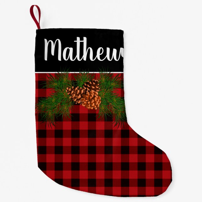 Rustic red black plaid pine cone customizable small christmas stocking (Front)