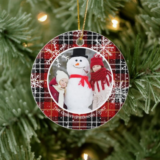 Rustic Red Black Plaid Snowflake Monogram Photo Ceramic Ornament (Tree)