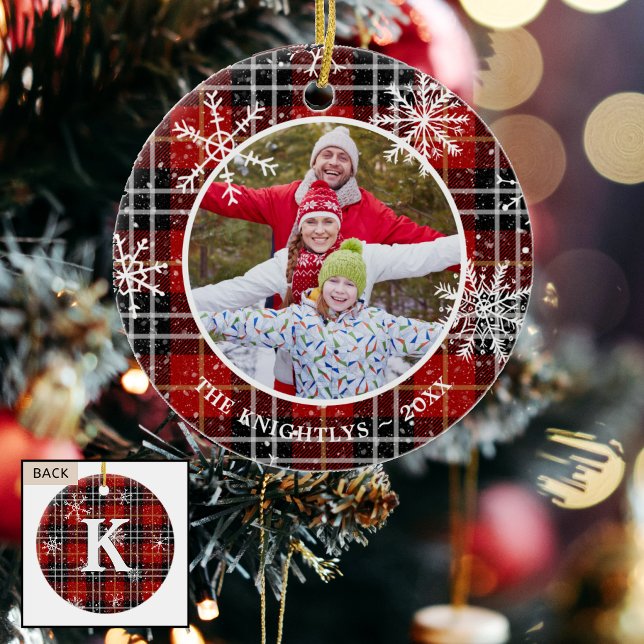 Rustic Red Black Plaid Snowflake Monogram Photo Ceramic Ornament (Creator Uploaded)