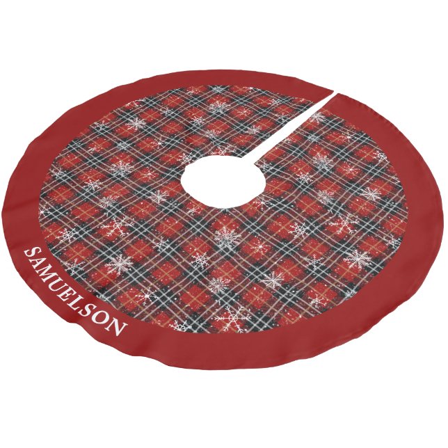 Rustic Red Black Plaid Snowflake Personalized Brushed Polyester Tree Skirt (Angled)