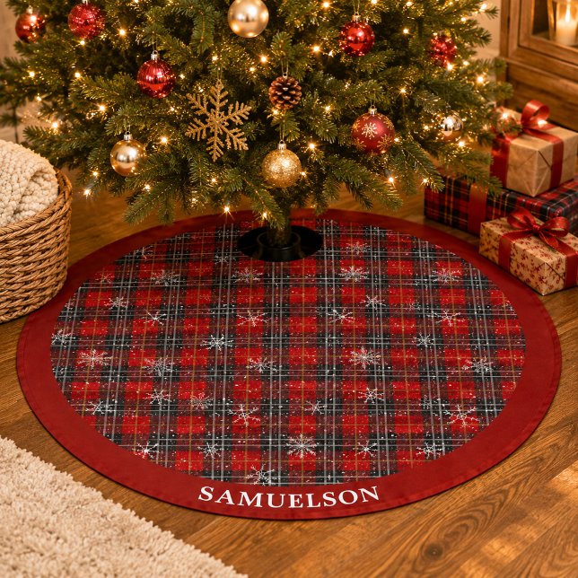 Rustic Red Black Plaid Snowflake Personalized Brushed Polyester Tree Skirt (Creator Uploaded)