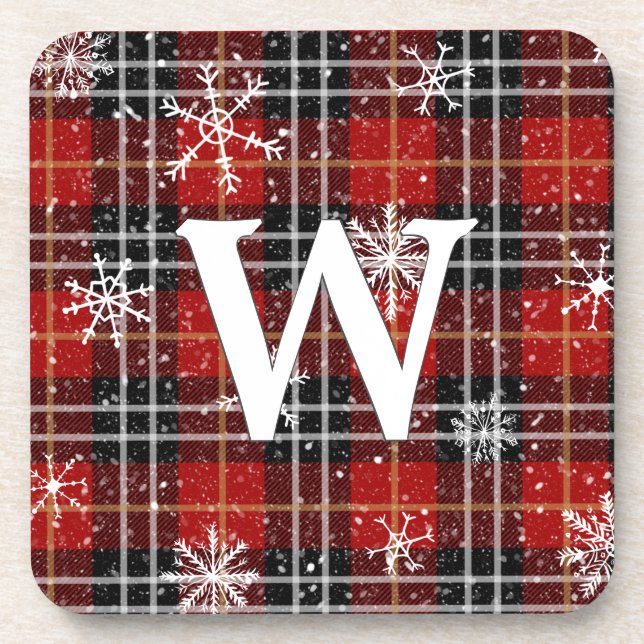 Rustic Red Black Plaid Tartan Snowflake Monogram Coaster (Front)