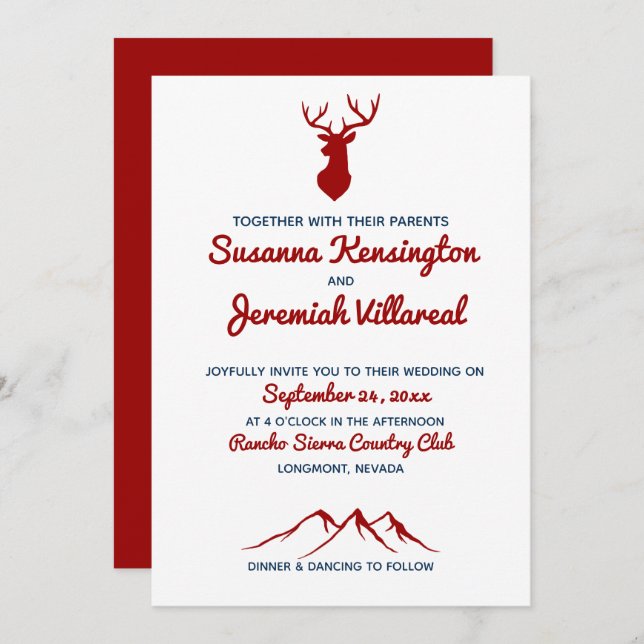 Rustic Red Blue Buck Deer Country Mountain Wedding Invitation (Front/Back)