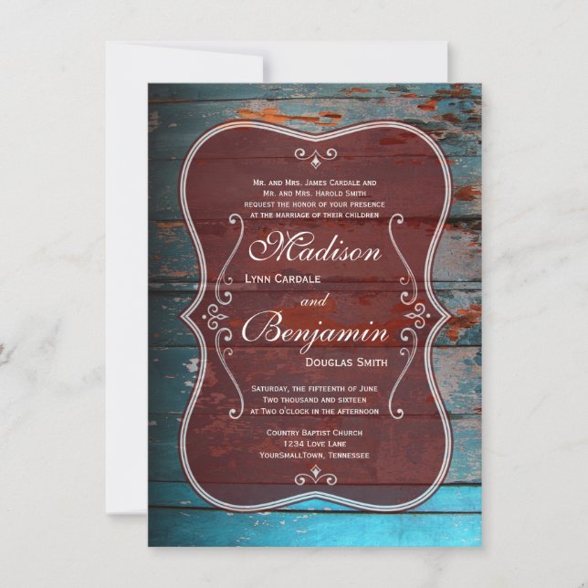 Rustic Red Blue Wood Country Wedding Invitations (Front)