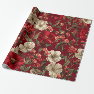 Rustic Red Botanical Bold Vintage Boho Floral Wrapping Paper