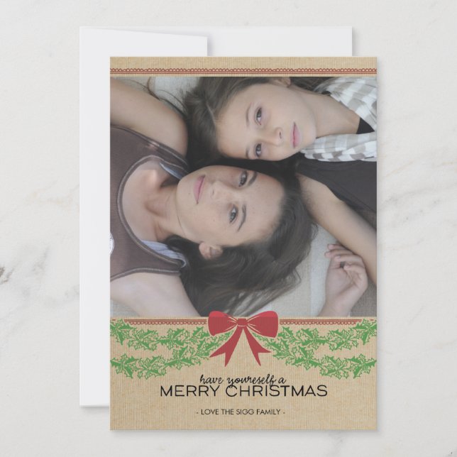 Rustic Red Bow & Garland Holiday Photo Card (Front)