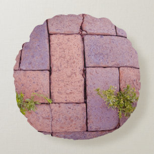 Rustic Red Brick Pavers Walkway Weeds in Cracks Round Pillow
