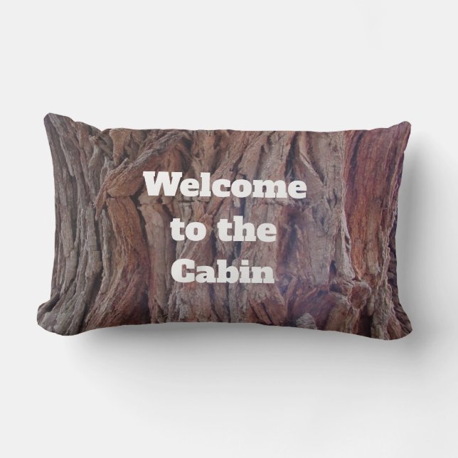 Rustic Red Brown Tree Bark Welcome Cabin Lumbar Pillow (Front)