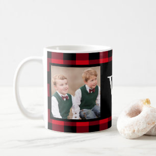 Rustic Red Buffalo Check 2 Photo Monogram Coffee Mug