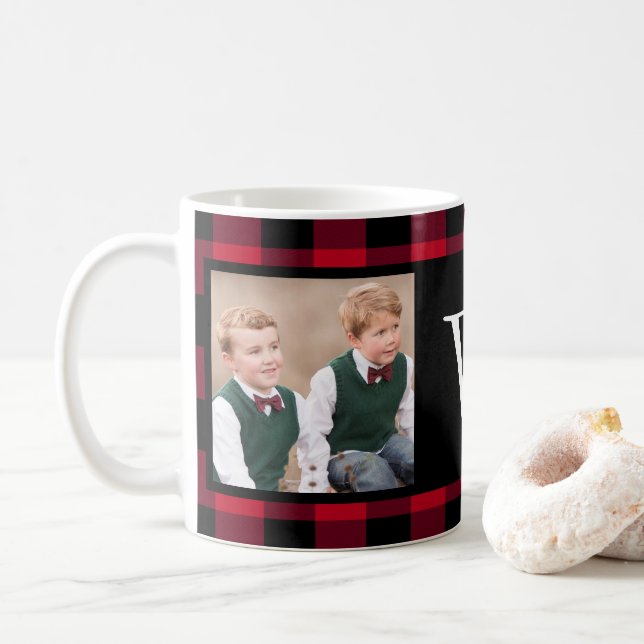 Rustic Red Buffalo Check 2 Photo Monogram Coffee Mug (With Donut)