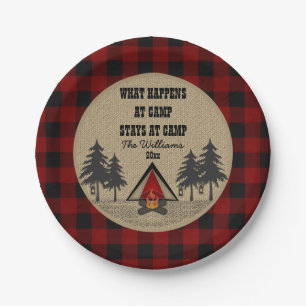 Rustic Red Buffalo Check Camp Camping Party Name Paper Plate