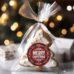 Rustic Red Buffalo Check Christmas Gift Tags<br><div class="desc">Affordable custom printed round sticker Christmas gift tags personalized with your family name or other text. This rustic modern holiday design features distressed MERRY CHRISTMAS lettering on a red and black buffalo check plaid background. Use the design tools to choose any background colour and edit text fonts and colours to...</div>